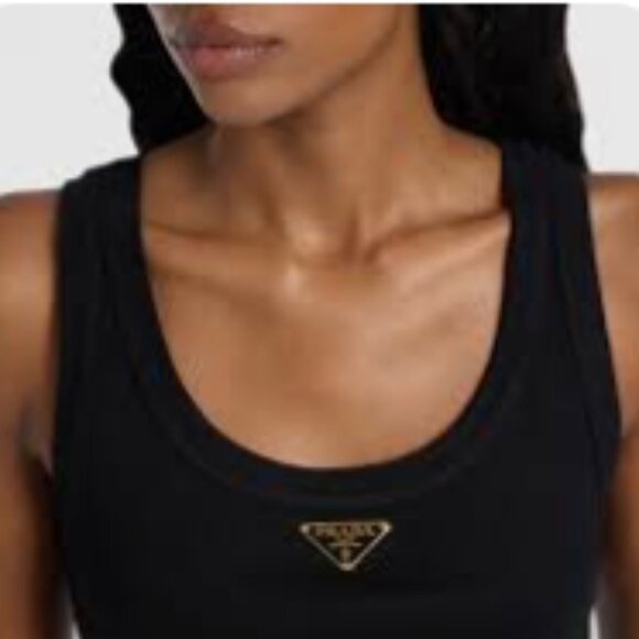 Prada Metal Logo Ribbed Jersey Tank Top In Blue - Picture 1 of 8
